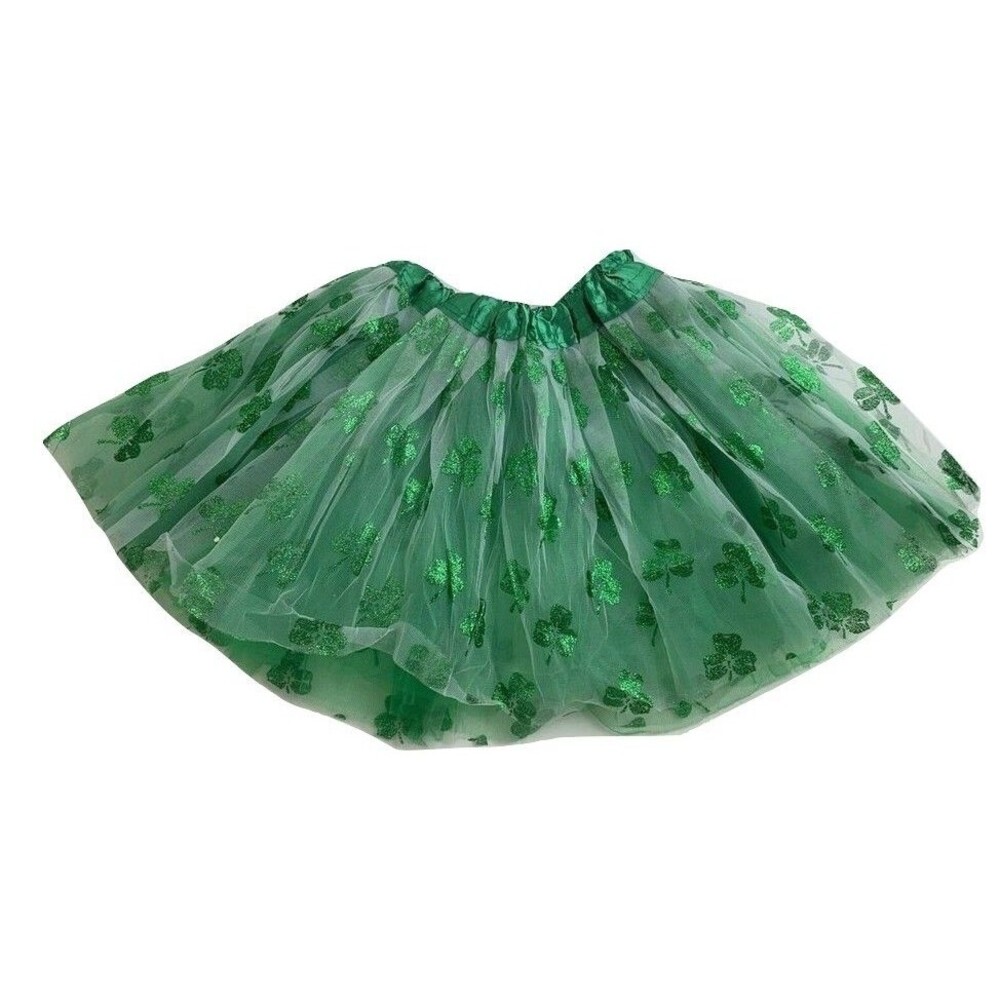 Girls St Patrick's Day Green Tutu Skirt Shamrock Clover Glitter Tulle Costume